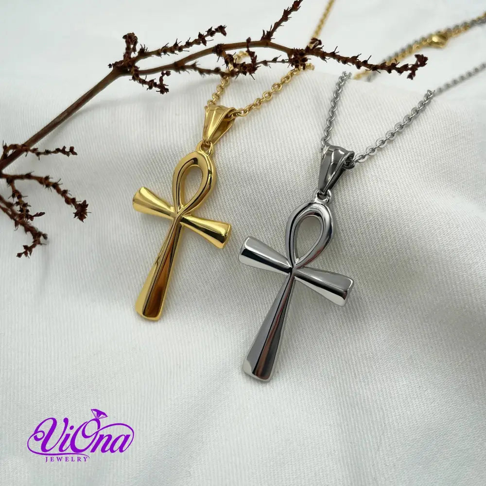 Ankh Egyptian Cross Necklace (Crux Ansata Prayer) in Gold and Silver Color