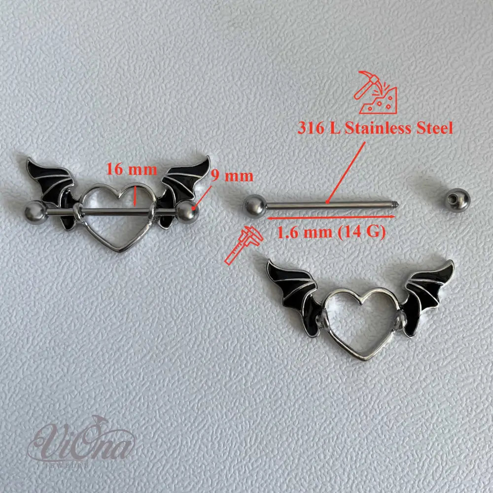 Black Gothic Heart Nipple Piercing – 14G Bat Wings | Viona