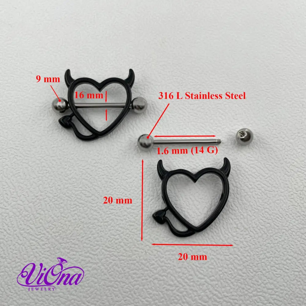 Black Gothic Heart Nipple Piercing with Horns in Pairs, 14 G with 316 Surgical Steel and Anti-Allergy Coating