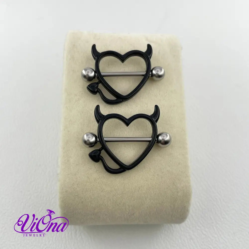 Black Gothic Heart Nipple Piercing with Horns in Pairs, 14 G with 316 Surgical Steel and Anti-Allergy Coating