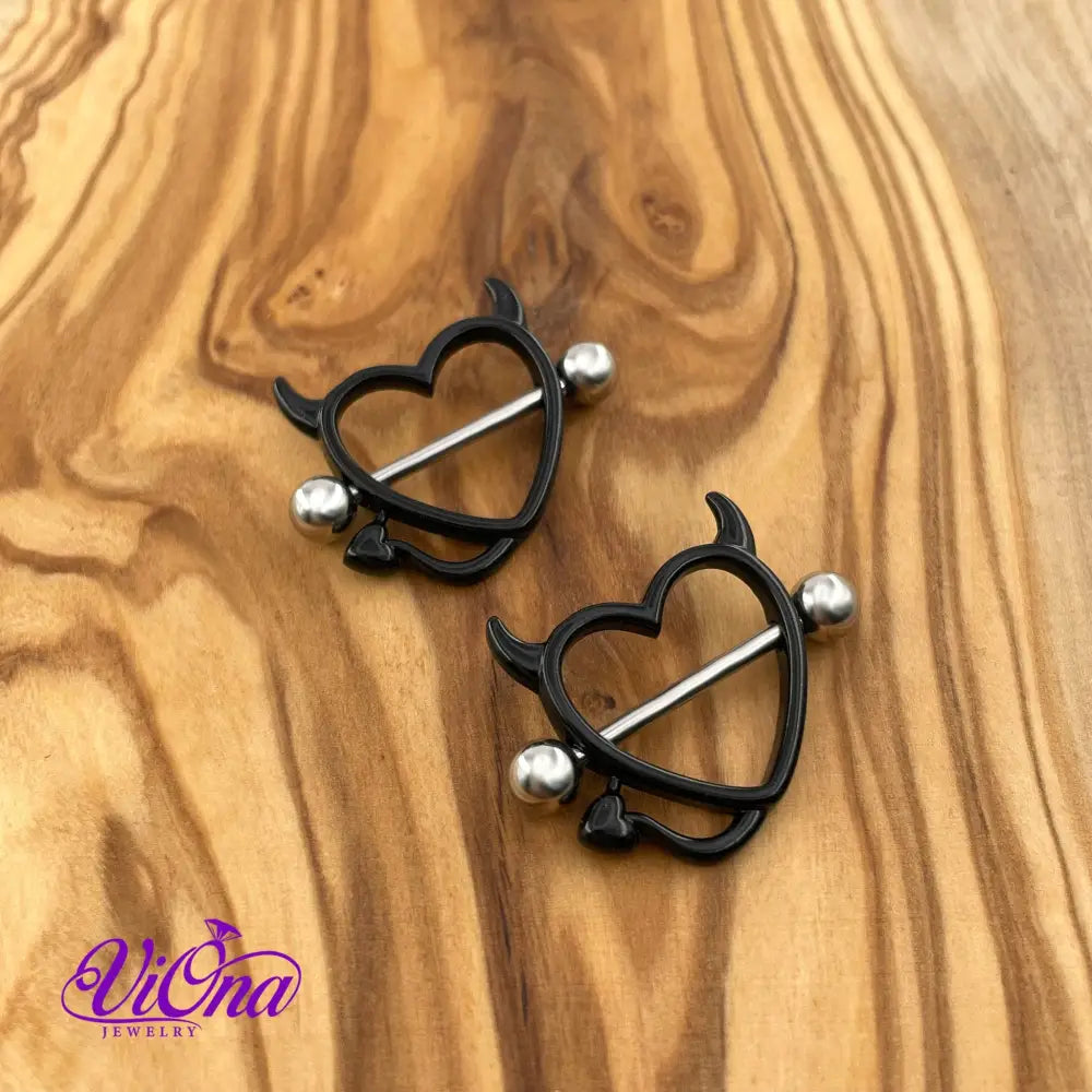 Black Gothic Heart Nipple Piercing with Horns in Pairs, 14 G with 316 Surgical Steel and Anti-Allergy Coating