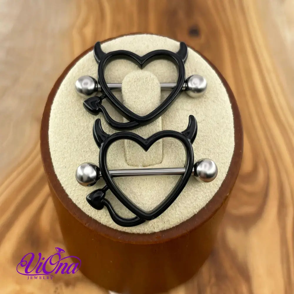 Black Gothic Heart Nipple Piercing with Horns in Pairs, 14 G with 316 Surgical Steel and Anti-Allergy Coating