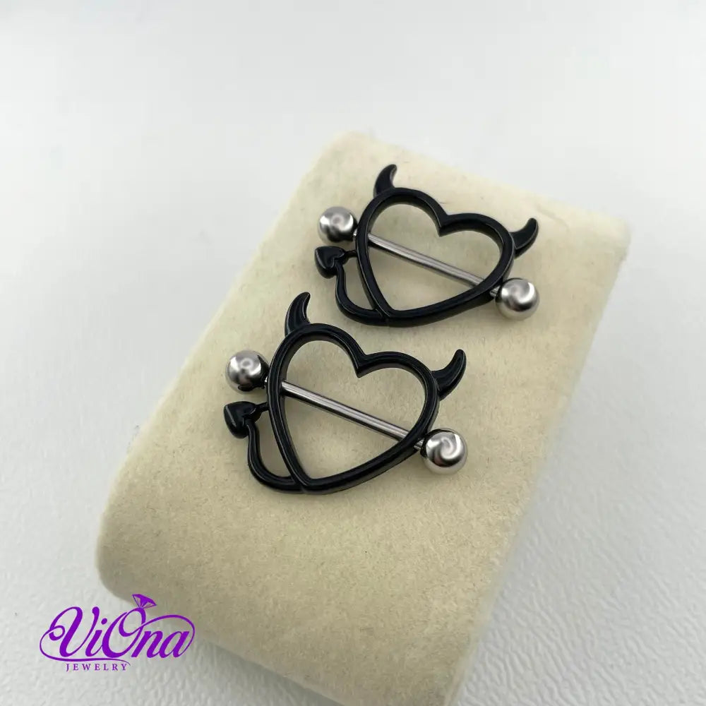 Black Gothic Heart Nipple Piercing with Horns in Pairs, 14 G with 316 Surgical Steel and Anti-Allergy Coating