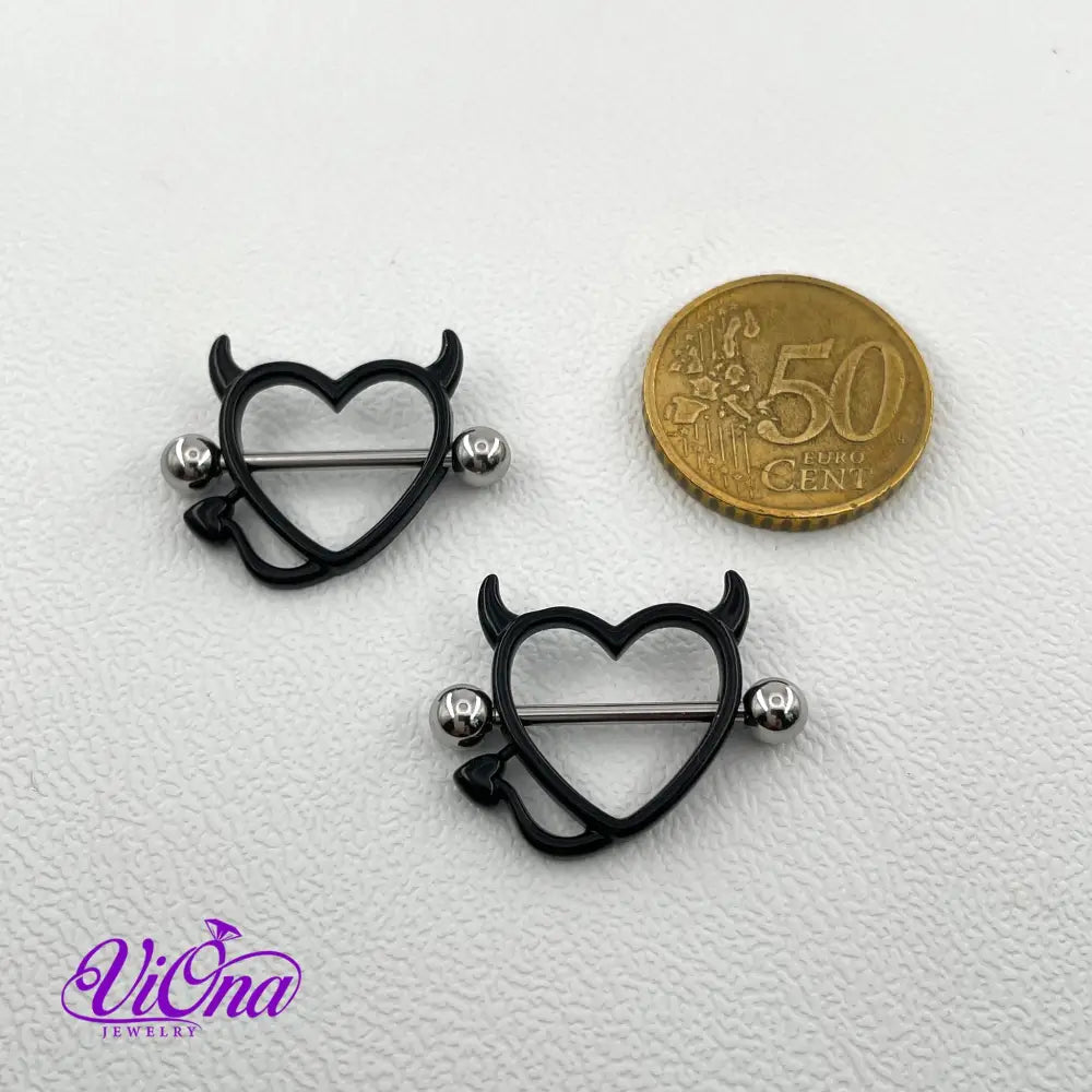 Black Gothic Heart Nipple Piercing with Horns in Pairs, 14 G with 316 Surgical Steel and Anti-Allergy Coating