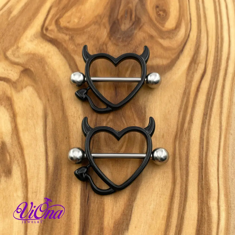 Black Gothic Heart Nipple Piercing with Horns in Pairs, 14 G with 316 Surgical Steel and Anti-Allergy Coating