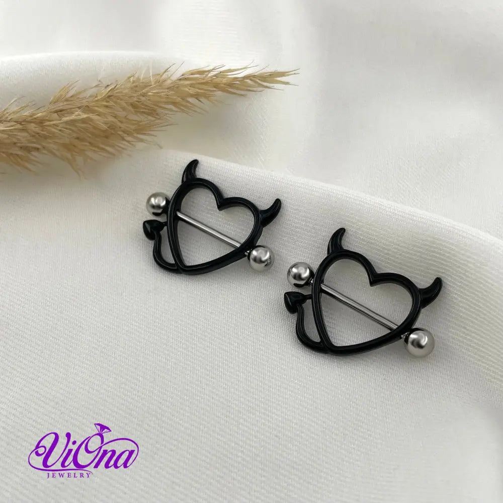 Black Gothic Heart Nipple Piercing with Horns in Pairs, 14 G with 316 Surgical Steel and Anti-Allergy Coating