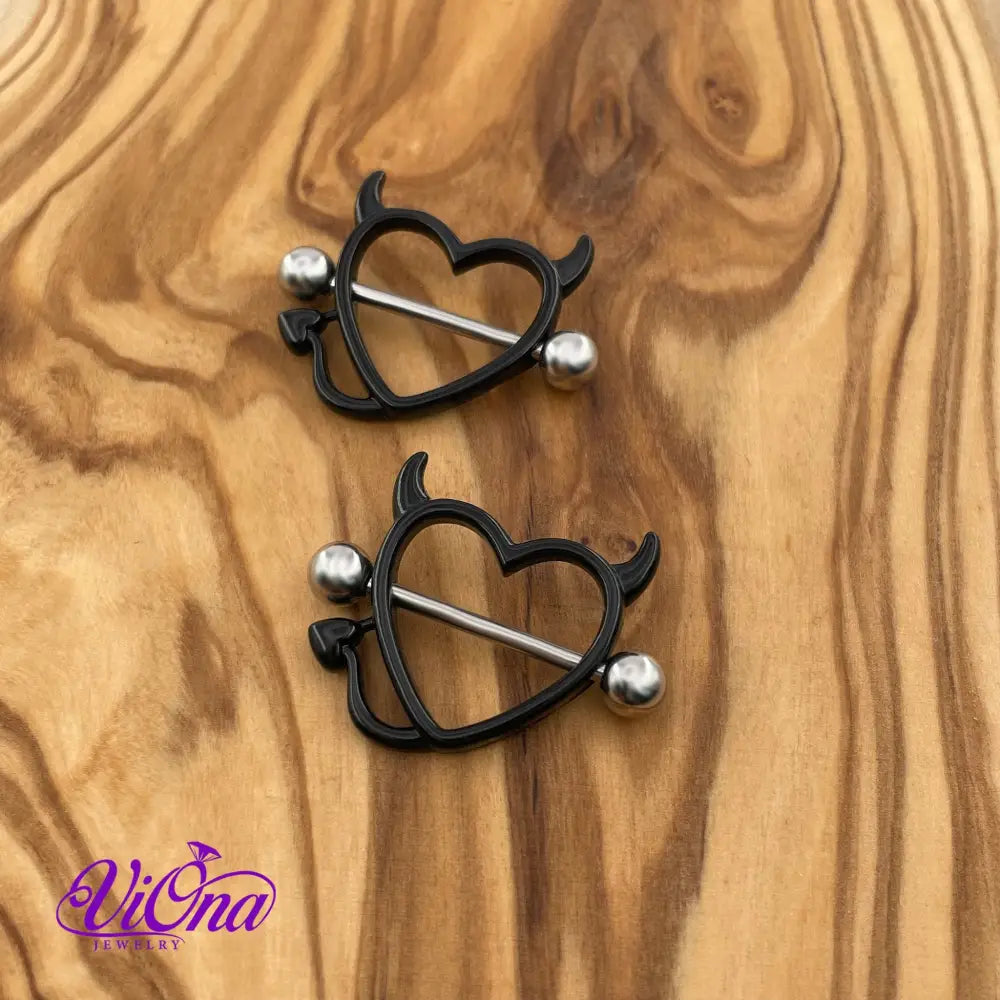 Black Gothic Heart Nipple Piercing with Horns in Pairs, 14 G with 316 Surgical Steel and Anti-Allergy Coating