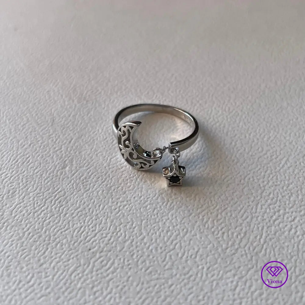 Crescent Moon & Star 925 Sterling Silver Adjustable Open Ring - Symbolic Celestial Elegance and Grace