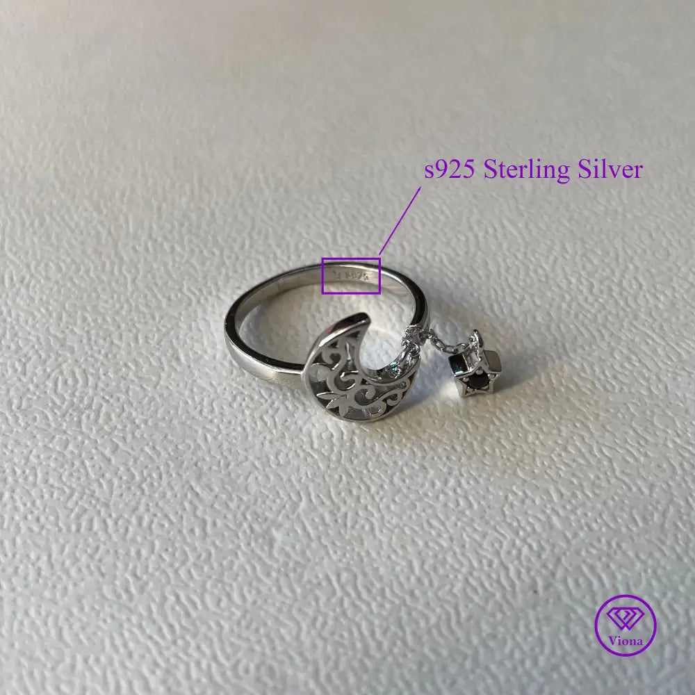 Crescent Moon & Star 925 Sterling Silver Adjustable Open Ring - Symbolic Celestial Elegance and Grace