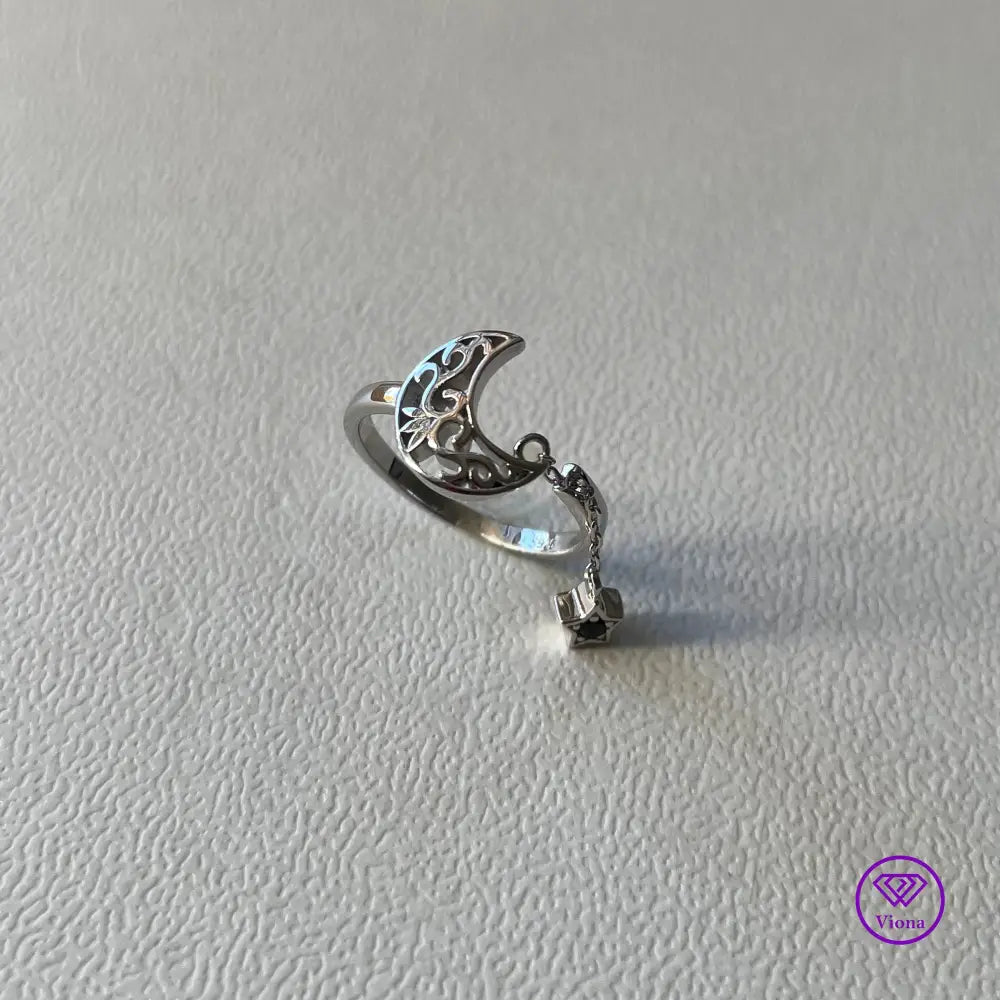 Crescent Moon & Star 925 Sterling Silver Adjustable Open Ring - Symbolic Celestial Elegance and Grace