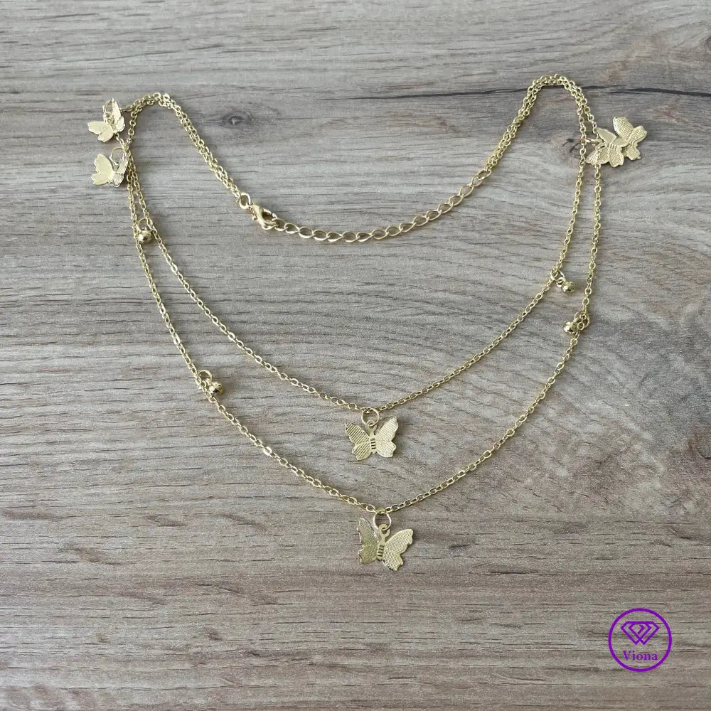 Double layered butterfly necklace in gold color and adjustable chain