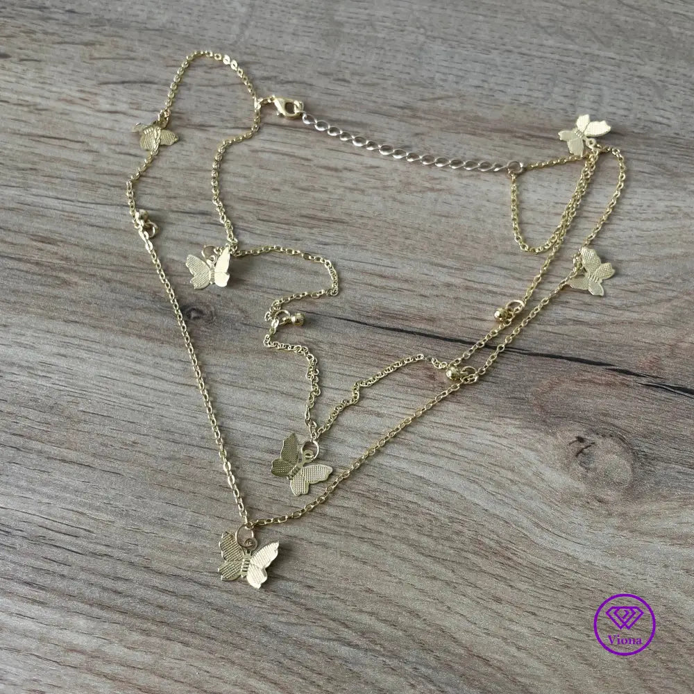 Double layered butterfly necklace in gold color and adjustable chain