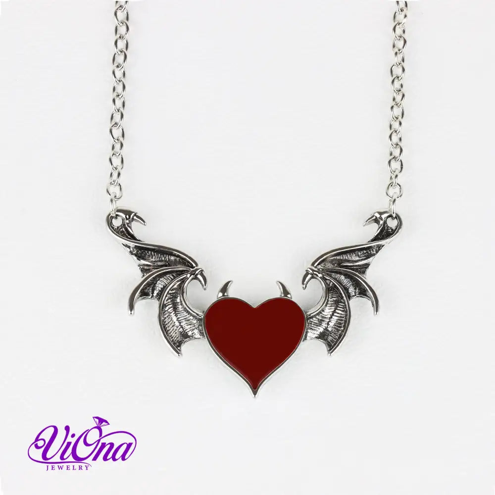 Dual-Tone Devil Heart Pendant Necklaces in Gothic Black and Fiery Red with Silver-Colored Stainless Steel Chain