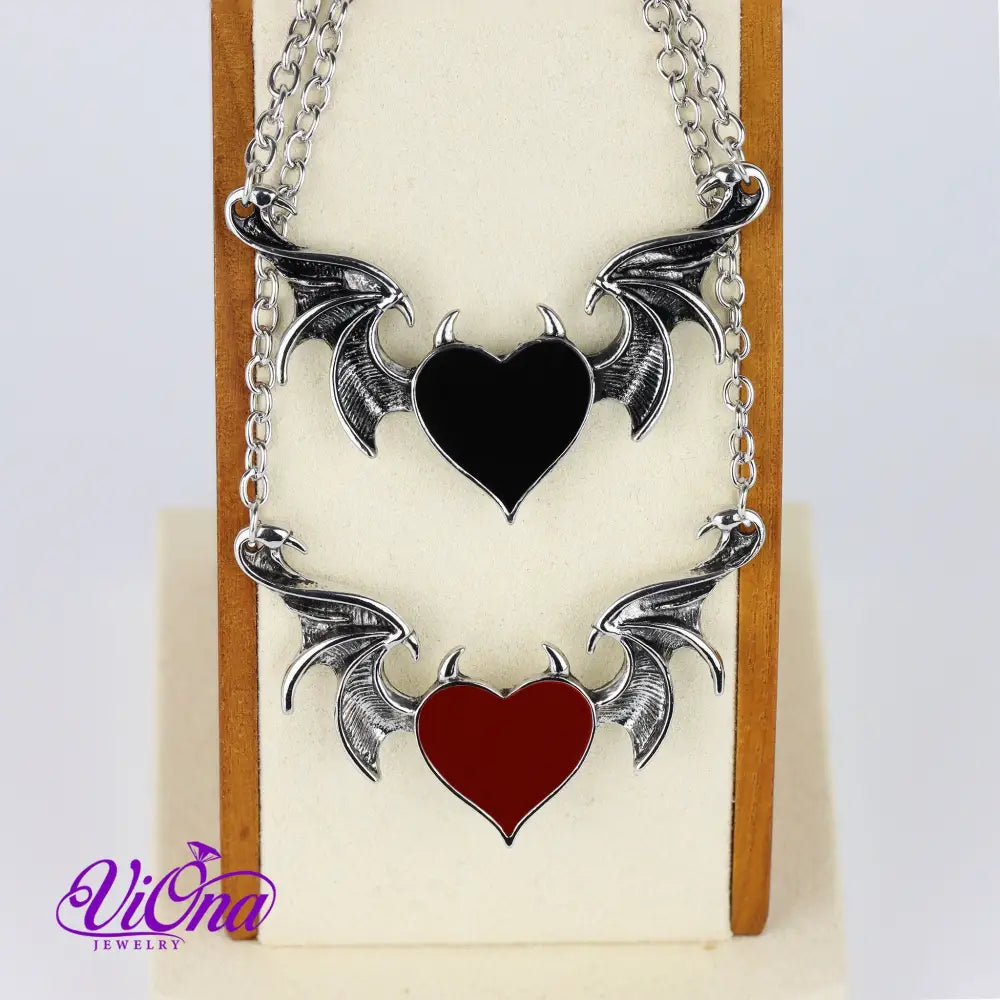 Dual-Tone Devil Heart Pendant Necklaces in Gothic Black and Fiery Red with Silver-Colored Stainless Steel Chain