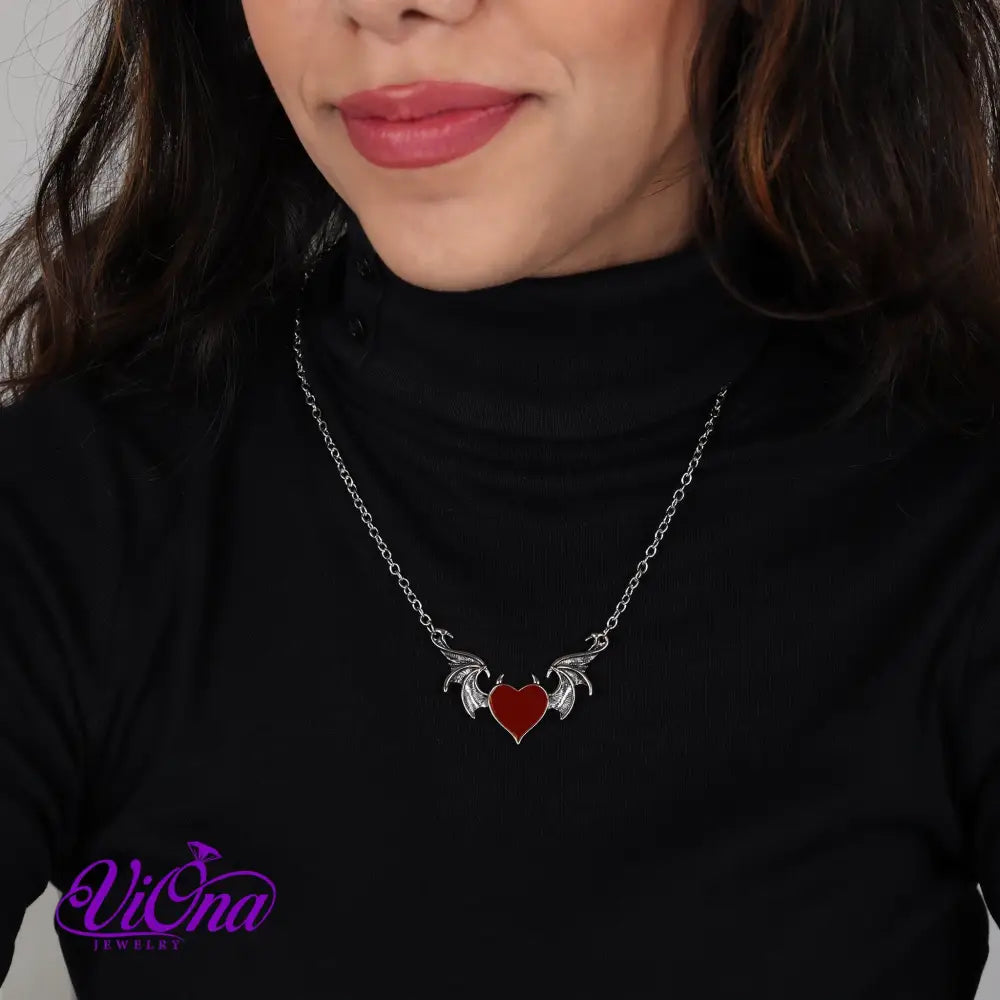 Dual-Tone Devil Heart Pendant Necklaces in Gothic Black and Fiery Red with Silver-Colored Stainless Steel Chain