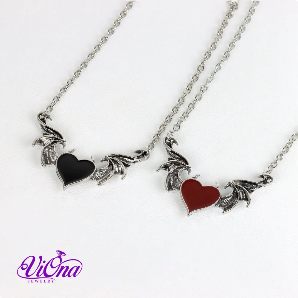 Dual-Tone Devil Heart Pendant Necklaces in Gothic Black and Fiery Red with Silver-Colored Stainless Steel Chain