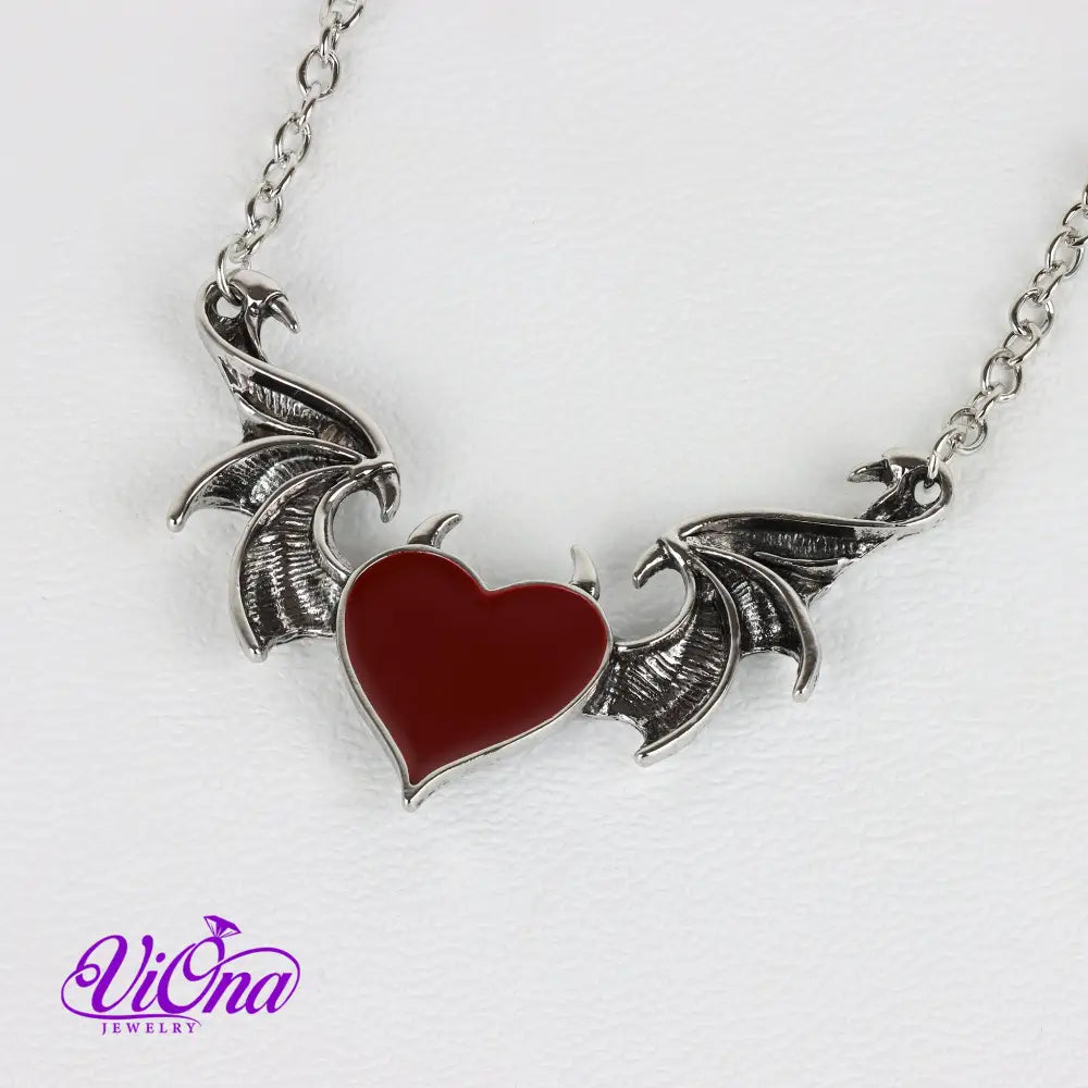 Dual-Tone Devil Heart Pendant Necklaces in Gothic Black and Fiery Red with Silver-Colored Stainless Steel Chain - Red