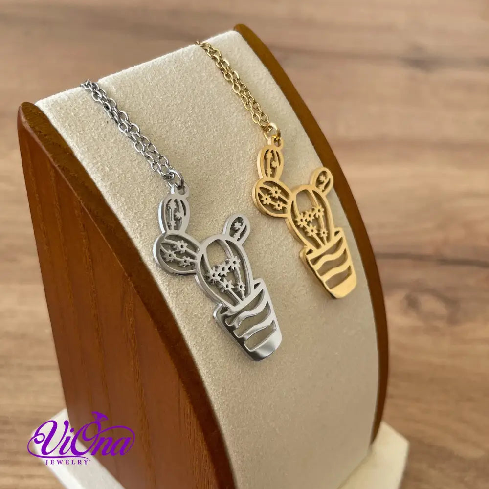 Elegant Cactus Necklace in Gold and Silver Color, Double Sided with high quality Polished Surface