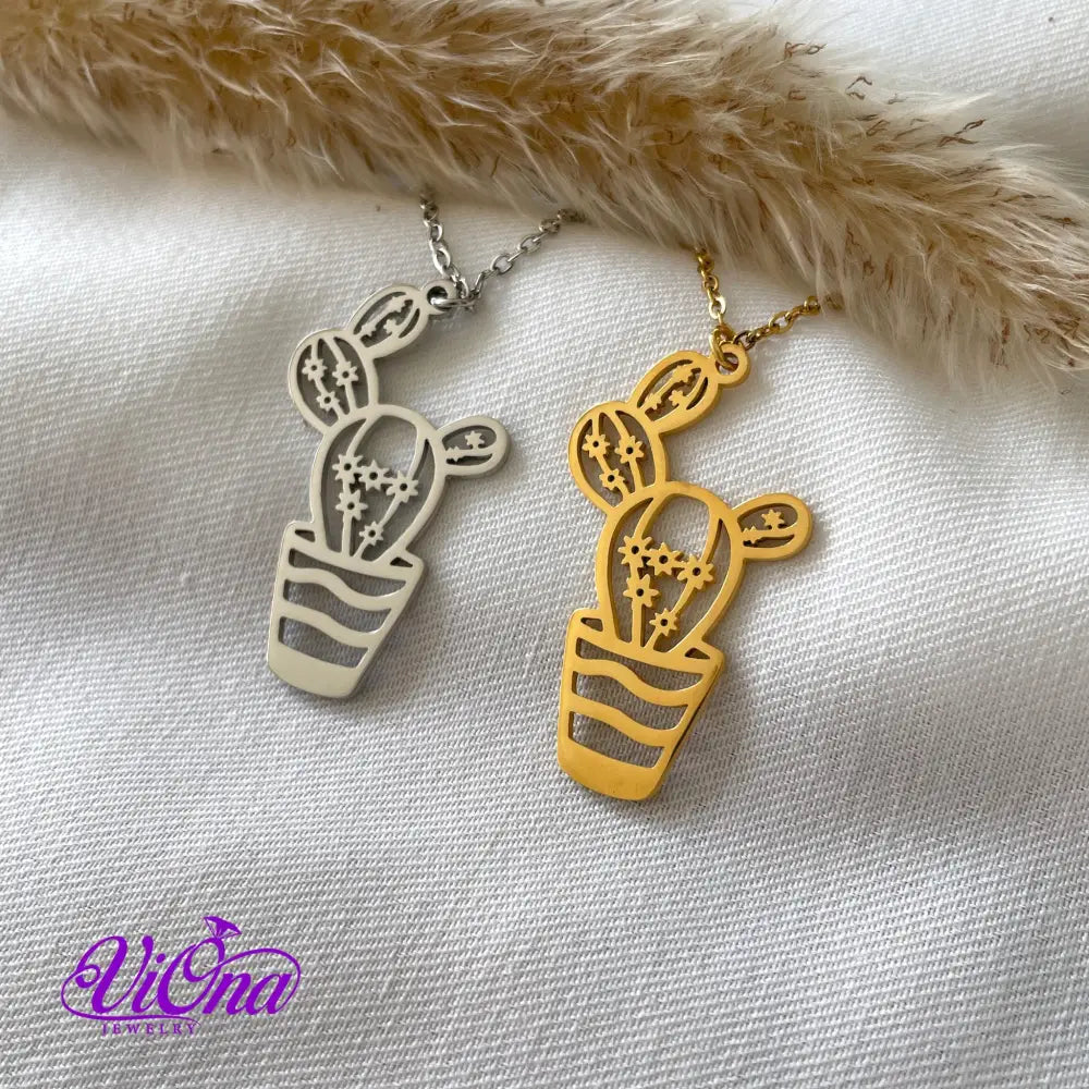 Elegant Cactus Necklace in Gold and Silver Color, Double Sided with high quality Polished Surface