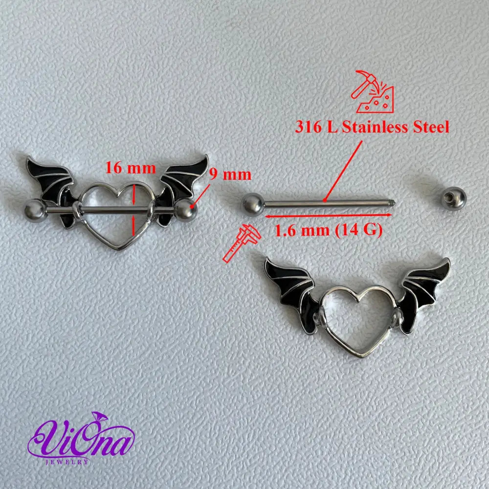 Exquisite 14 G Black Gothic Heart Nipple Piercing with Bat-Like Wings - Premium Craftsmanship in 316L Surgical Steel