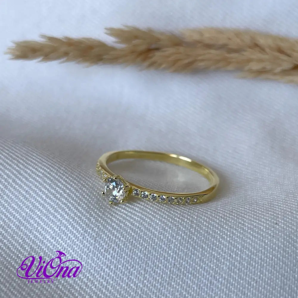 Gold Plated 925 Sterling Silver Ring with Brilliant Round Cut White Cubic Zirconia