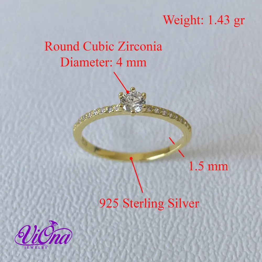 Gold Plated 925 Sterling Silver Ring with Brilliant Round Cut White Cubic Zirconia