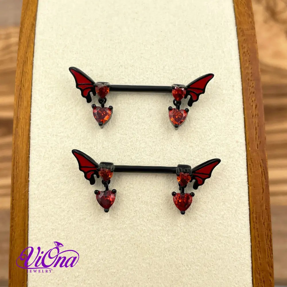 Goth Nipple Piercing in Black & Red Butterfly Crystal, 14 G with 316 Surgical Steel and Anti-Allergy Coating