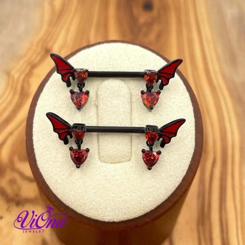 Goth Nipple Piercing in Black & Red Butterfly Crystal, 14 G with 316 Surgical Steel and Anti-Allergy Coating