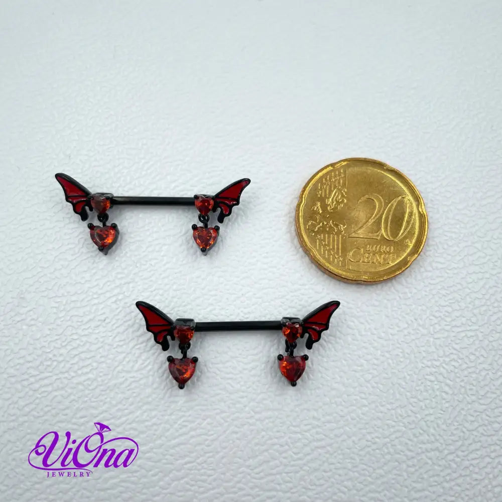 Goth Nipple Piercing in Black & Red Butterfly Crystal, 14 G with 316 Surgical Steel and Anti-Allergy Coating