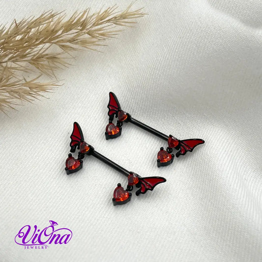 Goth Nipple Piercing in Black & Red Butterfly Crystal, 14 G with 316 Surgical Steel and Anti-Allergy Coating