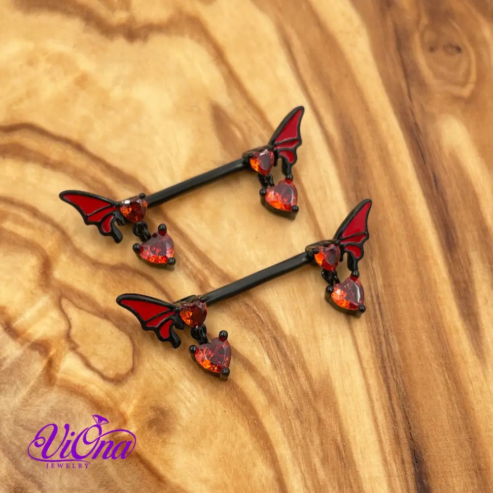 Goth Nipple Piercing in Black & Red Butterfly Crystal, 14 G with 316 Surgical Steel and Anti-Allergy Coating