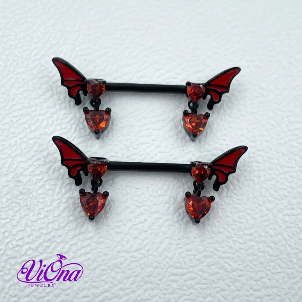 Goth Nipple Piercing in Black & Red Butterfly Crystal, 14 G with 316 Surgical Steel and Anti-Allergy Coating