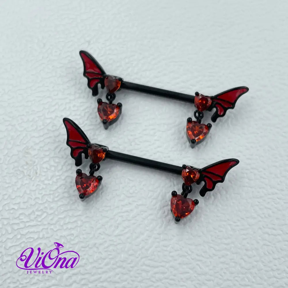 Goth Nipple Piercing in Black & Red Butterfly Crystal, 14 G with 316 Surgical Steel and Anti-Allergy Coating