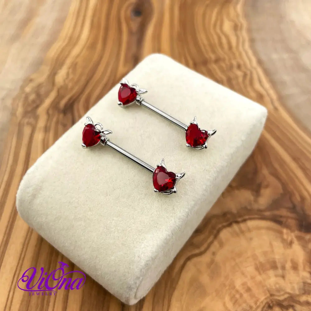 Goth Nipple Piercing in Red Heart Crystal and Devil Horns, 14 G, 316 Surgical Steel and Anti-Allergy Coating