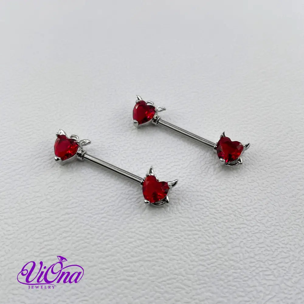 Goth Nipple Piercing in Red Heart Crystal and Devil Horns, 14 G, 316 Surgical Steel and Anti-Allergy Coating