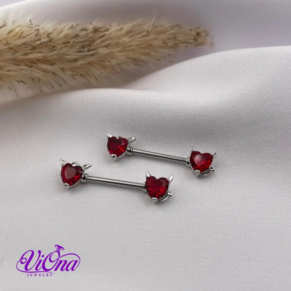 Goth Nipple Piercing in Red Heart Crystal and Devil Horns, 14 G, 316 Surgical Steel and Anti-Allergy Coating