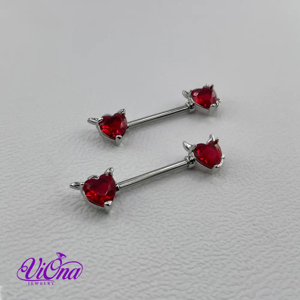 Goth Nipple Piercing in Red Heart Crystal and Devil Horns, 14 G, 316 Surgical Steel and Anti-Allergy Coating