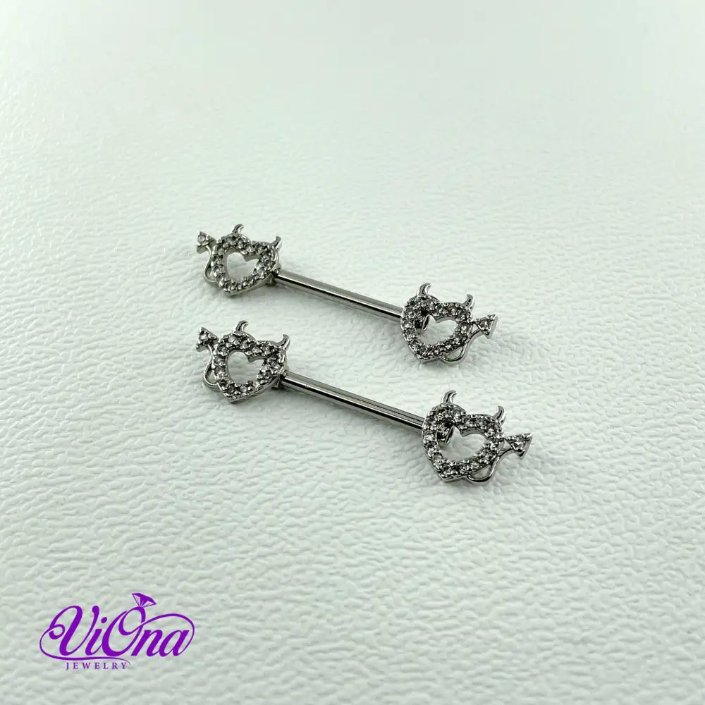 Goth Nipple Piercings in pair, Silver Color, Hollow Heart with Devil Horns, 14 G, 316 Surgical Steel and Anti-Allergy Coating