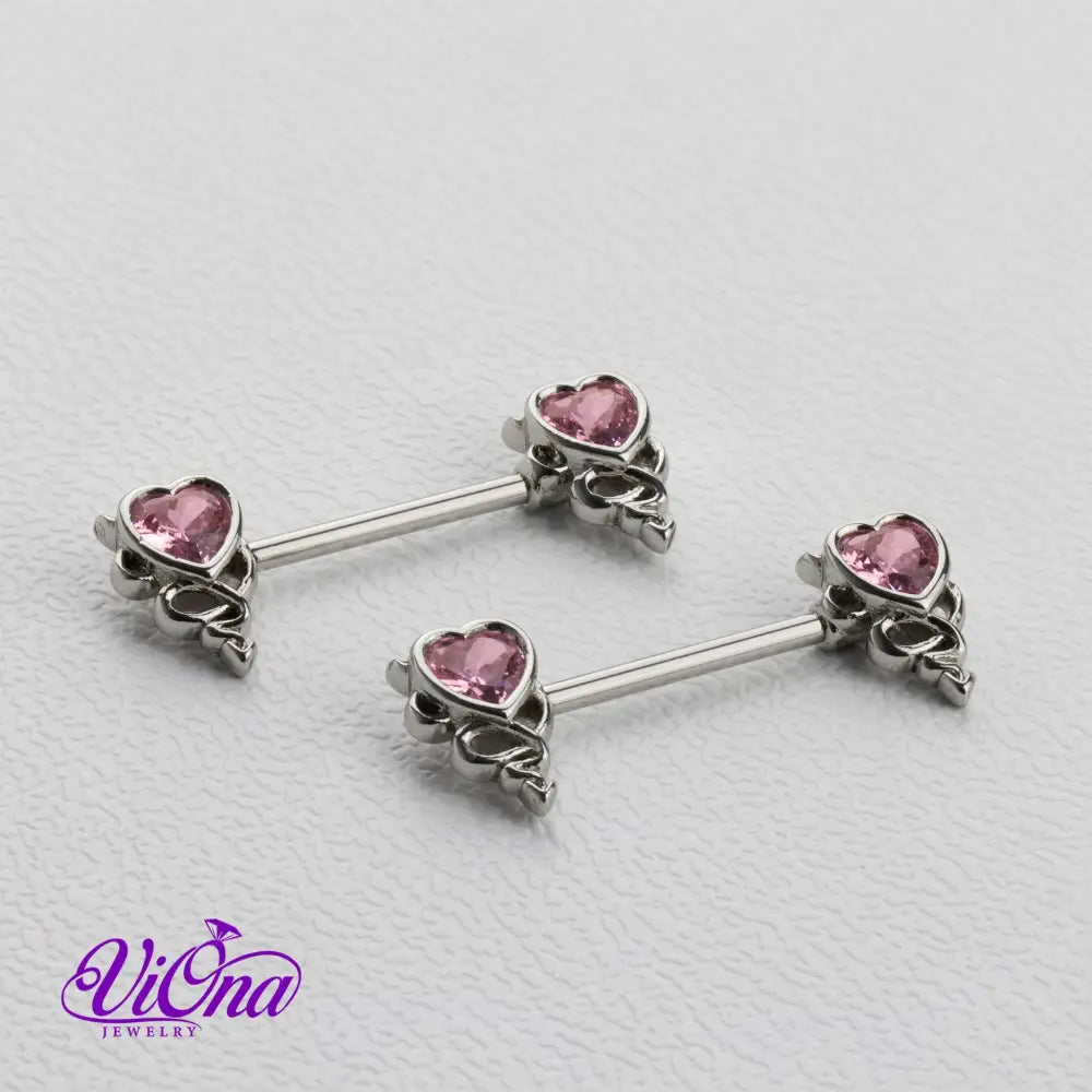 Gothic Heart Nipple Piercing in Pink with Devil Horns, 14G Surgical Steel, and Anti-Allergy Coating