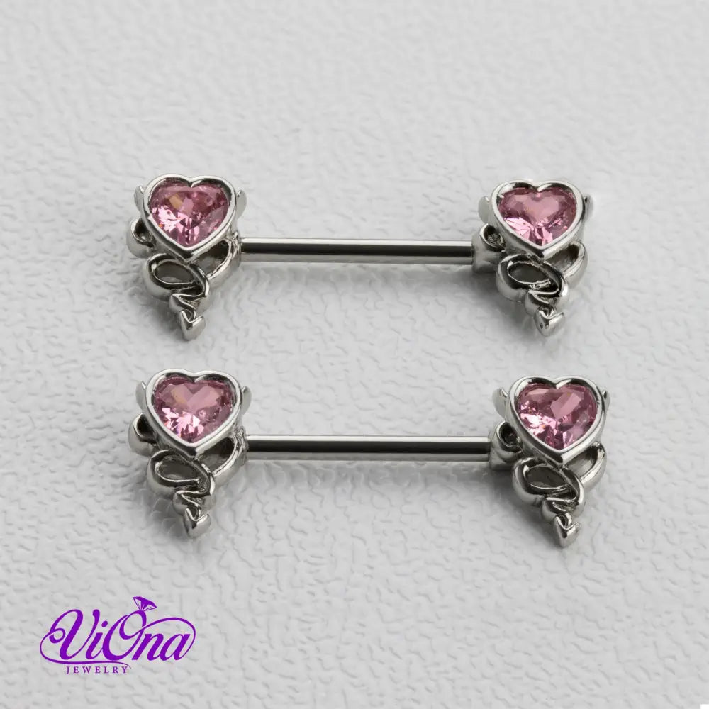 Gothic Heart Nipple Piercing in Pink with Devil Horns, 14G Surgical Steel, and Anti-Allergy Coating