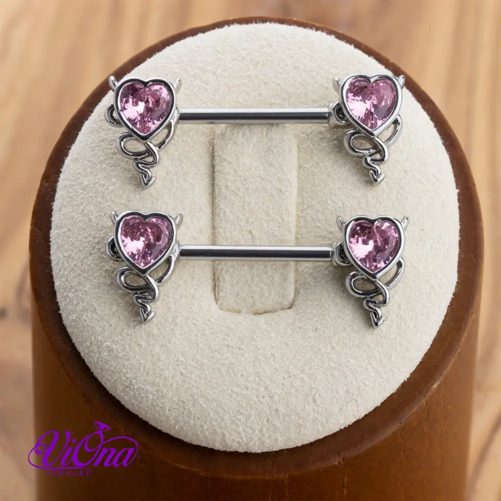 Gothic Heart Nipple Piercing in Pink with Devil Horns, 14G Surgical Steel, and Anti-Allergy Coating