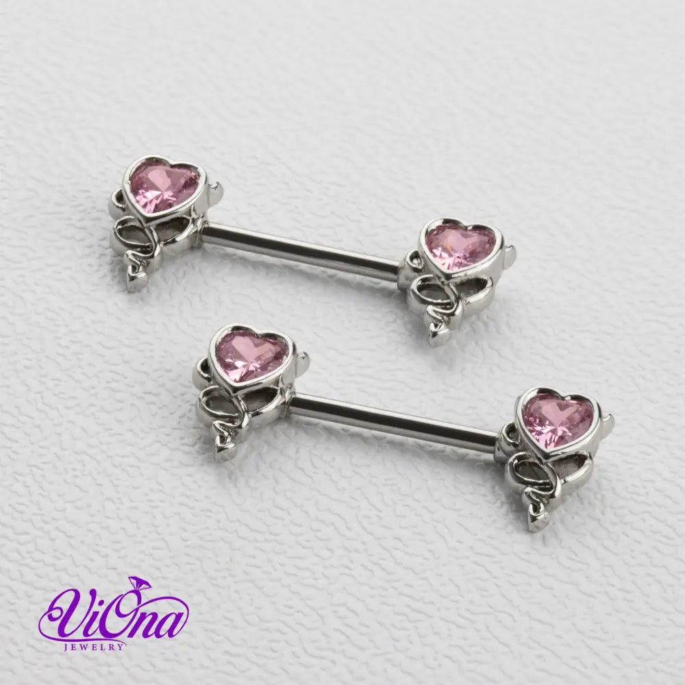 Gothic Heart Nipple Piercing in Pink with Devil Horns, 14G Surgical Steel, and Anti-Allergy Coating