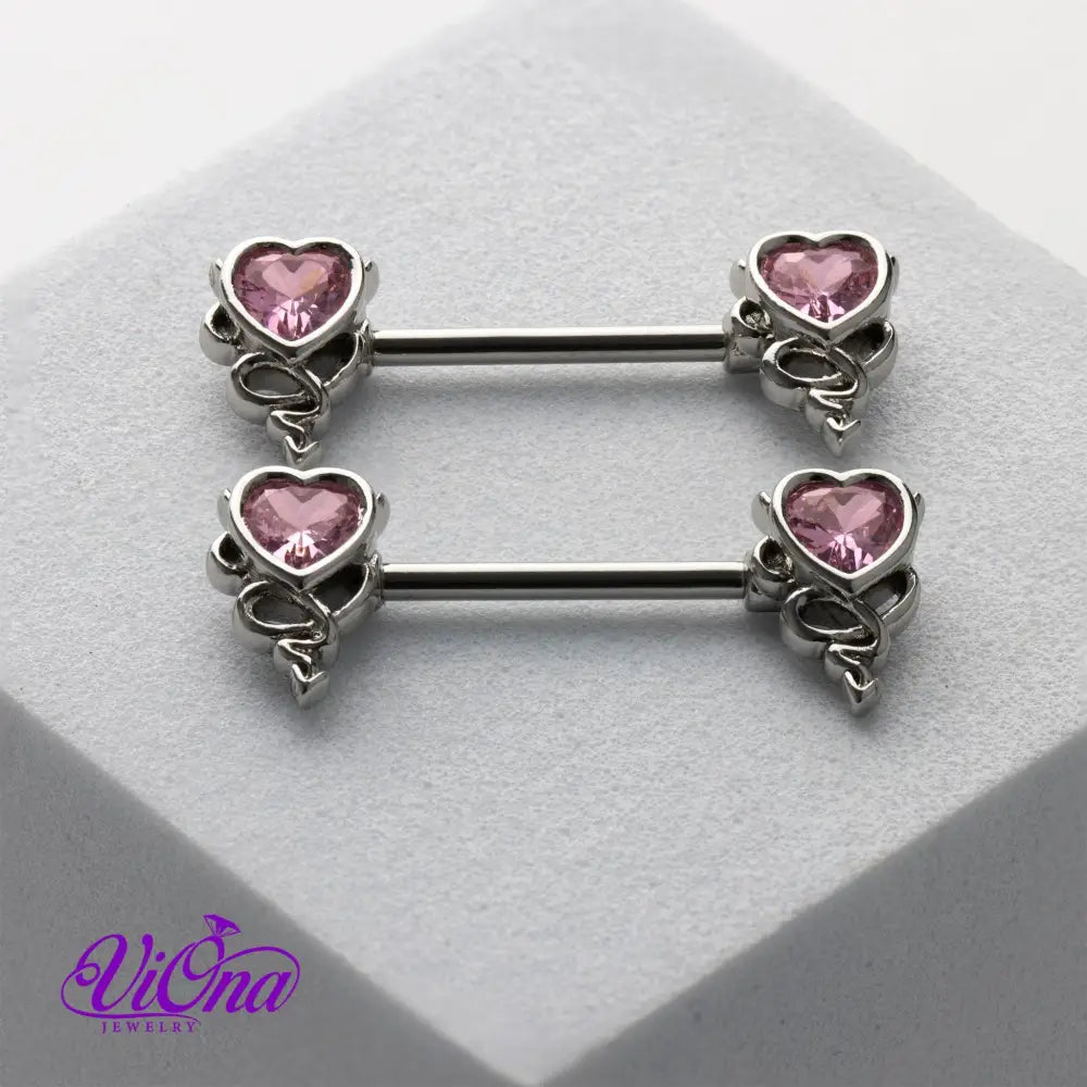 Gothic Heart Nipple Piercing in Pink with Devil Horns, 14G Surgical Steel, and Anti-Allergy Coating