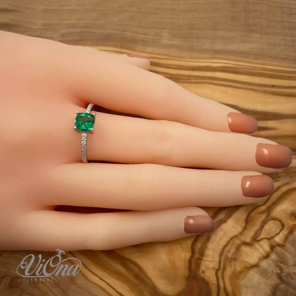 Green Emerald CZ Ring – Cushion Cut 925 Silver Stamped | Viona