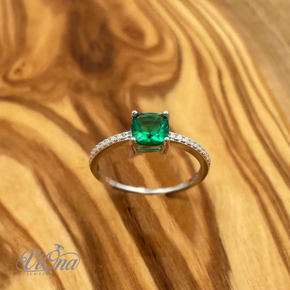 Green Emerald CZ Ring – Cushion Cut 925 Silver Stamped | Viona
