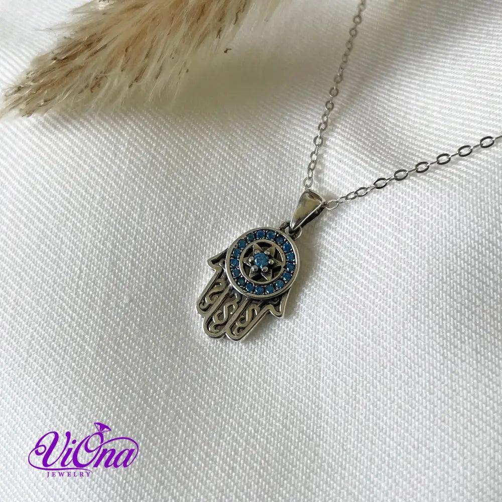 Hand of Fatima Pendant from pure 925 Sterling Silver with round Blue Cubic Zirconia