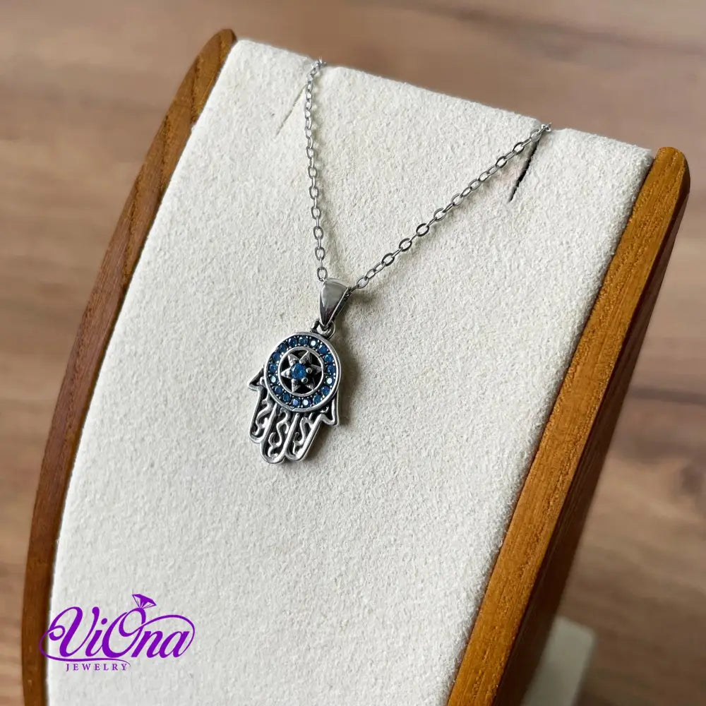 Hand of Fatima Pendant from pure 925 Sterling Silver with round Blue Cubic Zirconia