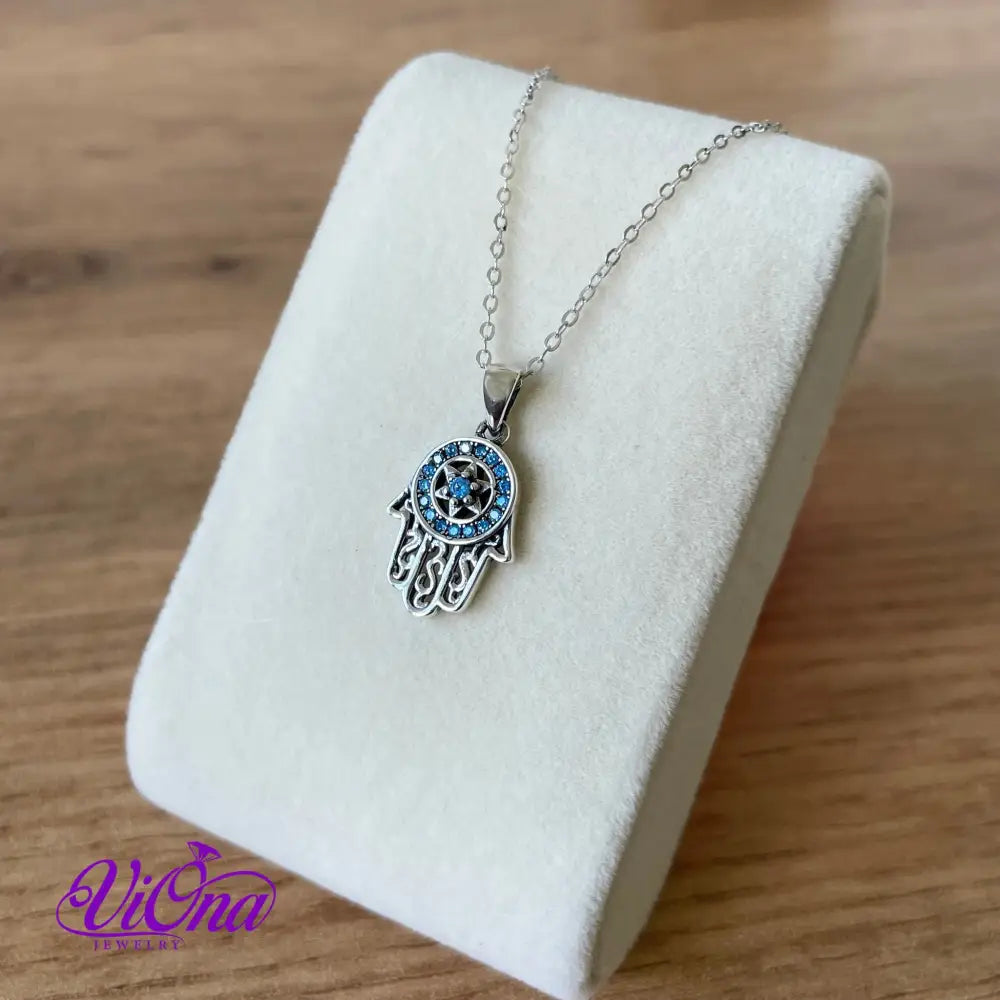 Hand of Fatima Pendant from pure 925 Sterling Silver with round Blue Cubic Zirconia