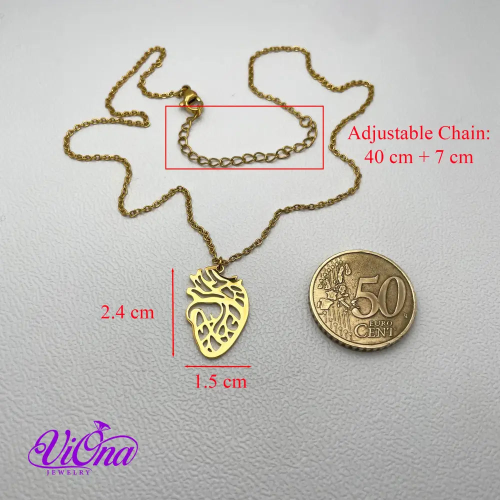 Heart Anatomy Necklace in Black and Gold Color with Adjustable Chain and High-Quality Anti-Rust Coating