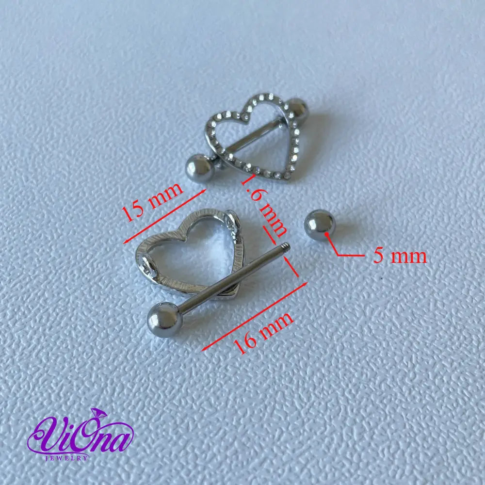 Hollow Heart Nipple Piercing in pair, from Anti Rust and Tarnish Stainless Steel, 14 G